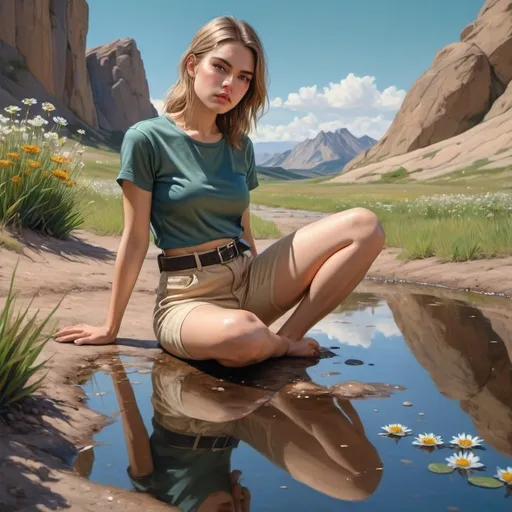 Prompt: 4k , high resolution  , photorealistic painting ,artistic  , nature , blue sky  ,mountain , landscape,woman sits on the ground near reflecting puddle  , flowers,rock, short beige pants with belt , dark green crop top shirt  , close up , modeling , model stance , summer , hot , sweat , unique pose , 