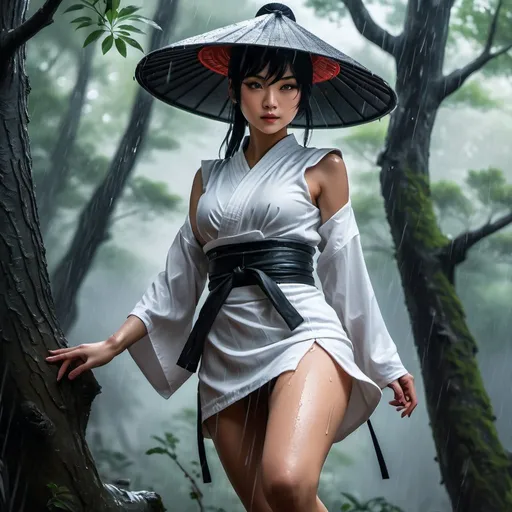 Prompt: 4k ,oil painting ,fantasy, high resolution ,artistic,modeling, a female ninja,she leans against a tree,black hair,she wears rain chinese  hat , long white ninja outfit , white short skirt reveals legs, low angle shot ,focus on legs ,dynamic , wind ,forest,rain,dark area , 