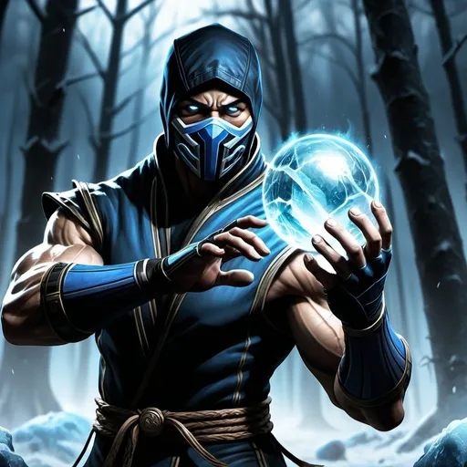 Prompt: high resolution ,4k , fantasy , ,dark ,frozen forest , colors , digital painting , hyper realism , mortal kombat ,aggressive , violent,
 , sub zero is in throwing stance, an ice ball , the ice ball is in the air , dynamic ,
white glowing eyes , arms are frozen ,blue aura around the ice ball and around sub zero's hands , low angle shot , show full body 