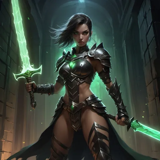 Prompt: a digital painting of a female warrior(low angle shot) holding a glowing magical sword and rising the sword up ,fierce stance  , she wears a black warrior outfit  with armors on her shoulder ,but also revealing parts of her body , video game character , background : night time dark building with a wall in the center there is a big door and green lighting on the center only , there is a smoke in the background , cracked floor ,

