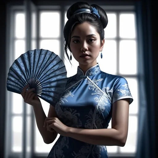 Prompt: 4k , high resolution , digital painting , photorealism , artistic , achromatic grays , dark room,window  ,sunlight,  modeling , a asian woman holds beautiful blue detailed  fans in modeling pose ,dynamic photo , dramatic ,  hair buns  hairstyle , blue modern cheongsam dress , legs , model stance  , expressionism , close up , light and shadow photography , portrait , 