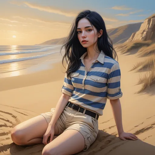 Prompt: digital painting , (woman in a striped shirt)(horizontal stripes ,blue and white) and (ivory cargo shorts ) (striking outfit),(long black hair,pale skin), intricate details,she is sitting on the sand, sandy background, rolling hills, sunset sky featuring hues reminiscent of sand, , soft lighting enhancing the scene, (high-quality) (4K), emphasizing contrast between her vibrant attire and the tranquil natural setting, highlighting her presence against the picturesque landscape , 