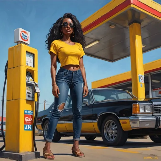 Prompt: 4k,oil painting ,high resolution,expressionism, dark colors  ,sunlight ,sky,cool stance,low angle shot, focus on legs,feet,a black woman ,she stands in gas station , hard attitude , shameless ,long hair ,black hair, yellow crop top shirt , short tight jeans,she wears sunglasses , mirrored lens, good composition , close up , portrait