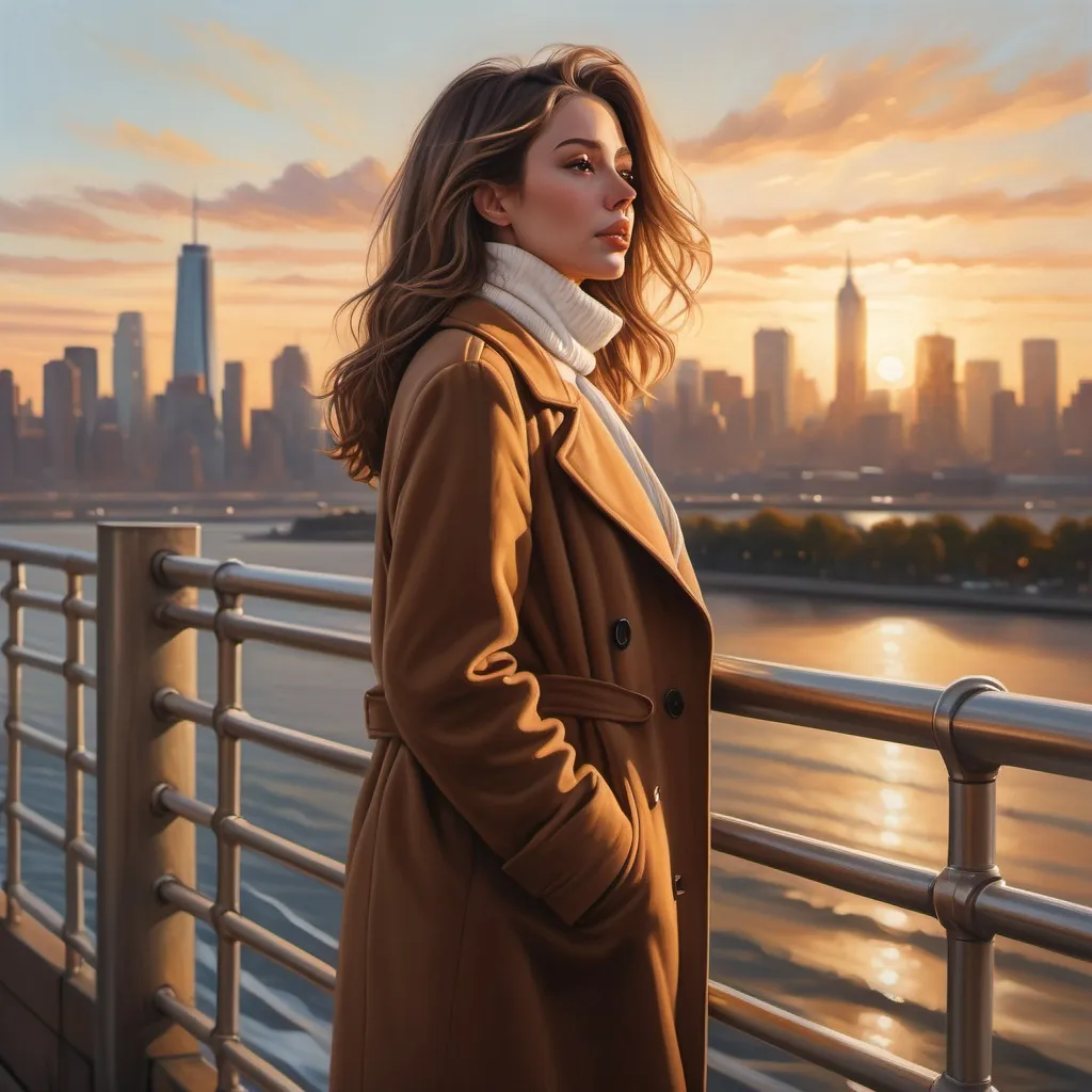 Prompt: oil painting of a woman(brown coat , white turtleneck , skinny jeans ,) standing(low angle shot) near the safety railing ,sidewalk , surrounded by a stunning city skyline, capturing urban beauty, warm sunset hues reflecting on water, soft waves lapping at the shore, a gentle breeze in her hair, (4K) quality, realism , high resolution 