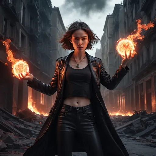 Prompt: a woman holding fire balls in her hands  ,red aura around the woman , urban settings,fantasy,ruined city ,destruction    ,big necklace, opened black jacket, black crop top shirt , black leather pants ,(illustration), (high resolution), dramatic lighting, destruction atmosphere, detailed background ,ruined buildings , dark color tones, realistic art style, ultra-detailed,explosion in the background , dramatic lights around the woman ,low angle shot , art photography , close up on the woman 