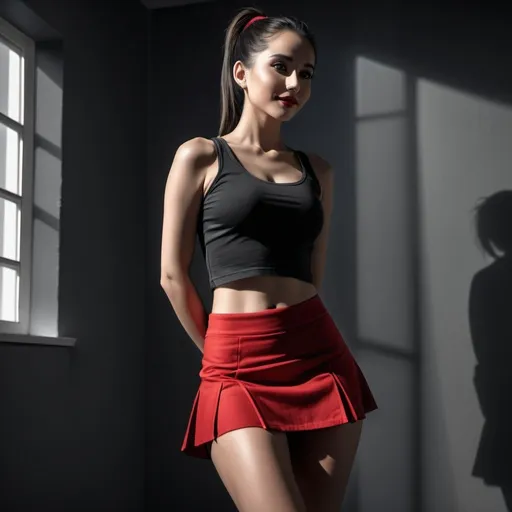 Prompt: 4k , high resolution , dark colors ,achromatic grays , detailed photo modeling , artistic, room , corner , a woman , low angle shot,show legs,portrait,ponytail, black hair , black crop top shirt , detailed red miniskirt, light shines the woman , light and shadow photography , expressionism ,modeling stance , good composition , smile