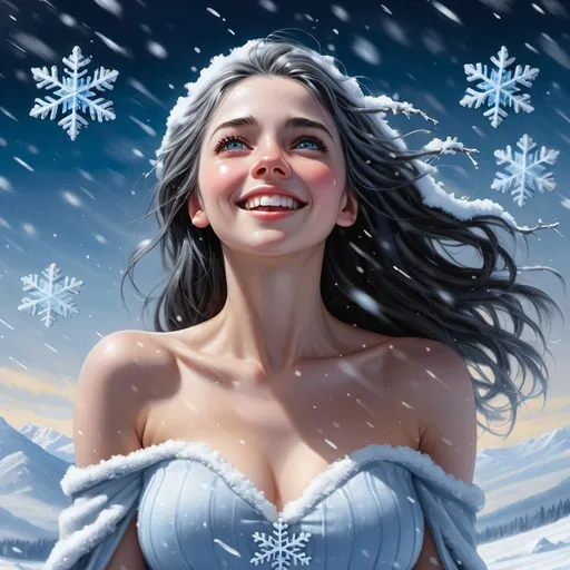 Prompt: 4k,high resolution,detailed,snow field , oil painting ,snowing , cold , frost , realistic snowflake,woman touches the snowflakes,she looks up the sky,long black and grey hair , mini white slit dress reveals legs , blue eyes , barefoot , smile , focus on legs , modeling , dark blue sky , pure , virtue , freedom