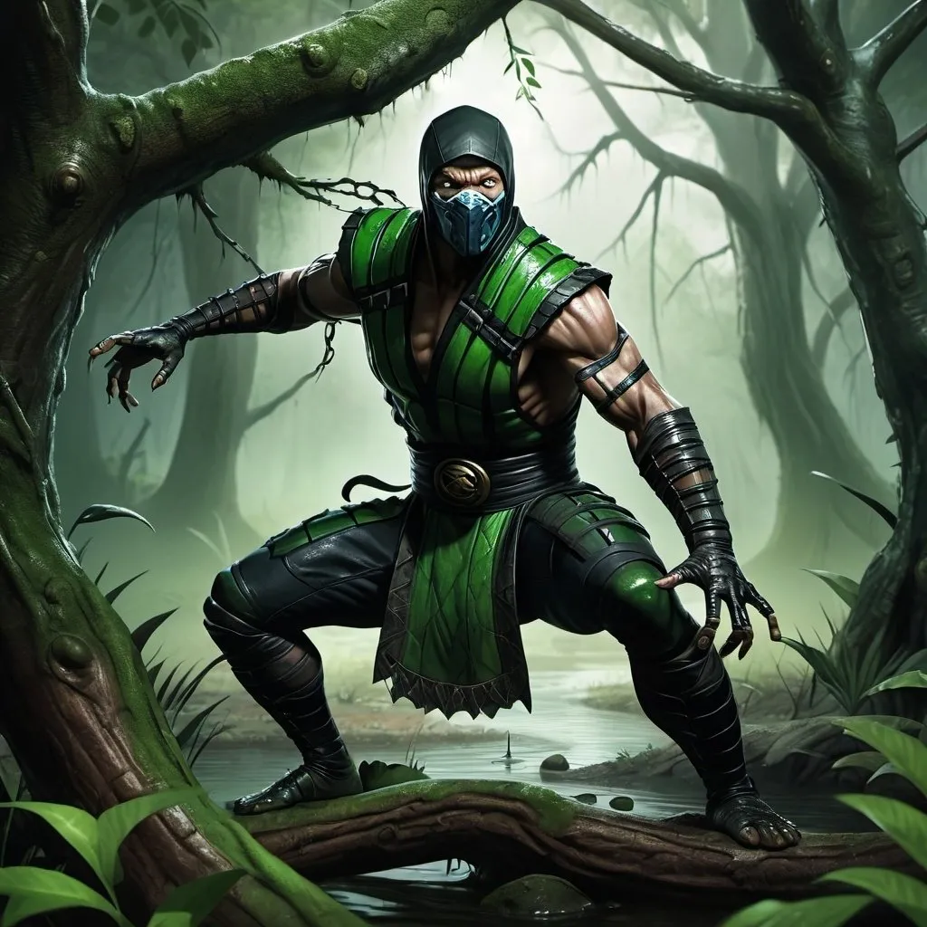 Prompt: high resolution ,4k , fantasy  ,dark colors ,forest ,swamp, digital painting , illustration , hyper realism , mortal kombat 
 , reptile stands in weird fighting pose near a tree  , green ninja custom ,
 , low angle shot   , close up , snake eyes , lizard's hands , 