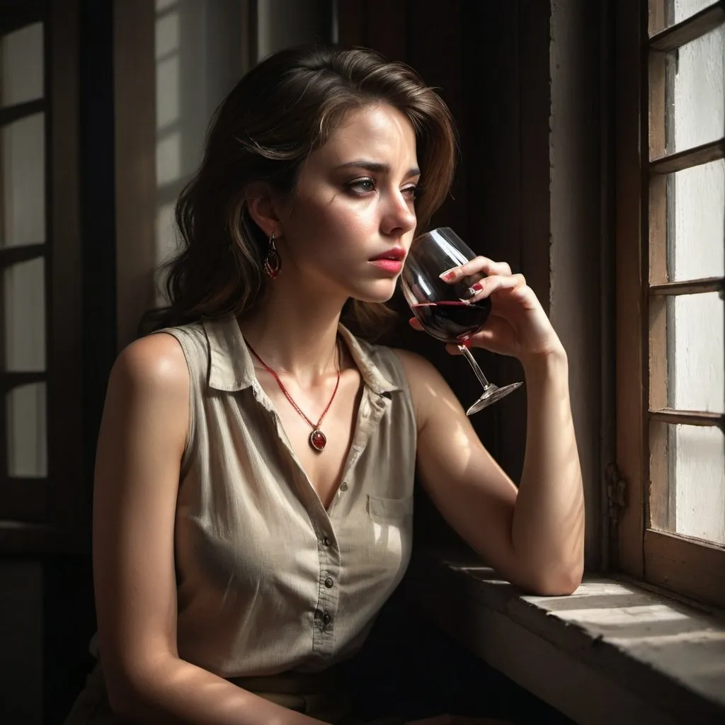 Prompt: high resolution , 4k , detailed face , dark colors , realism,expressionism , portrait , window with opened shutters , sad atmosphere, professional modeling photography ,promotional image , dark room , dark walls ,dramatic lighting , a woman sits ,red wine on the windowsill , white sleeveless shirt , khaki tight pants , necklace , earrings , sunlight shines the woman through the shutters 