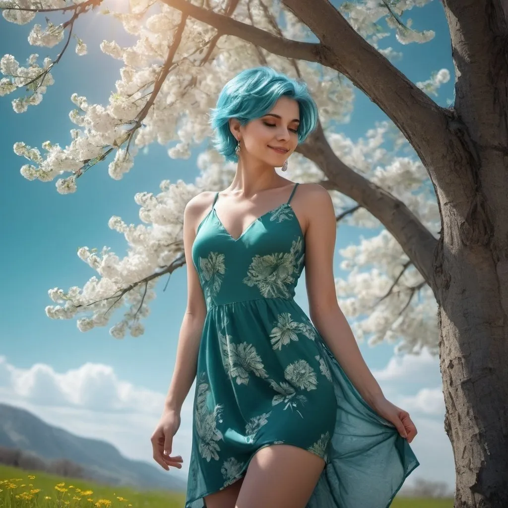 Prompt: 4k , high resolution , glamour photography , art photography , digital painting ,achromatic colors ,trees ,beautiful calm place ,peaceful ,blue sky, flowers are blooming ,spring season , an attractive woman standing near a tree and she is touching her dress ,she enjoys the freedom of the nature ,the sun shines on the woman and she smiles , blue pixie hair , green floral mini dress  , earrings , necklace  , low angle pose , legs  , low angle shot 