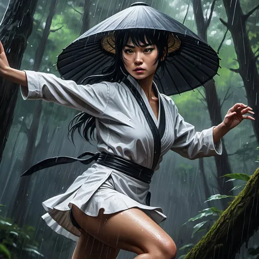 Prompt: 4k ,oil painting ,fantasy,dark colors, high resolution ,artistic,modeling, a female ninja in combat stance ,black hair,she wears rain hat , long white ninja outfit , white short skirt reveals legs, low angle shot ,dynamic , wind ,,forest,rain,dark area , 