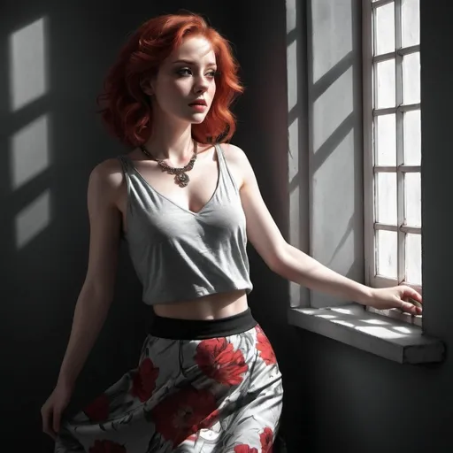 Prompt: 4k , high resolution ,achromatic colors ,digital painting ,glamour photography , art photography , professional , dark room , window with opened shutters ,sunlight shines the woman through the window  , a woman standing near the wall ,dramatic face  , red hair ,pale skin, red sleeveless crop top shirt , detailed gray floral short circle skirt ,necklace , legs  ,drama , light and shadow photography , low angle shot 