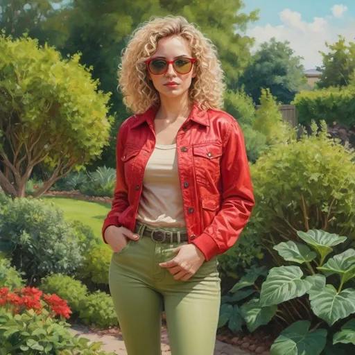 Prompt: 4k , high resolution , art photography , oil painting , realism , detailed features , beautiful garden , bright colors , a 35 years old woman standing near bushes , blonde curly hair , red small jacket , beige shirt , green tight pants , green sunglasses ,