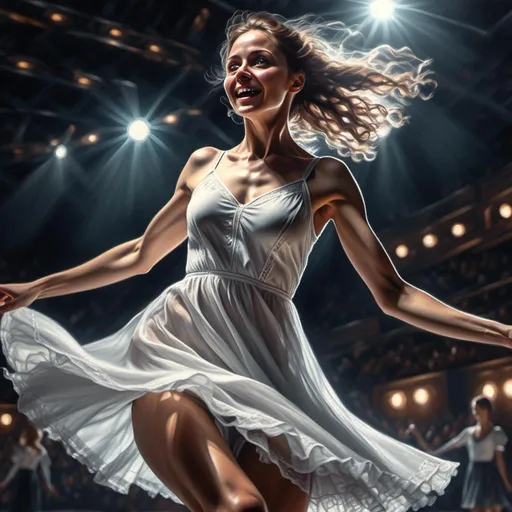 Prompt: <mymodel>
4k  , high resolution,artistic , dark colors  ,photorealistic painting ,digital painting , a woman in short white dress is dancing on dark stage , close up , the stage's lights shine on the woman , dynamic , dramatic dance ,  portrait