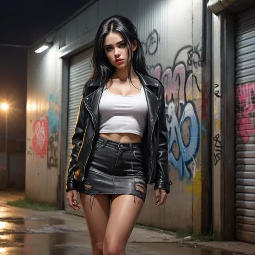 Prompt: 4k , high resolution , expressionism , photorealistic , digital painting  , night , road , industrial , warehouse in background with roller shutter Door , graffiti , dirty place ,woman is standing next to the door   ,modeling  , boots  , miniskirt , black leather coat ,white crop top shirt, long black hair , street light , close up , low angle shot , she looks tired and sad , portrait , detailed face 