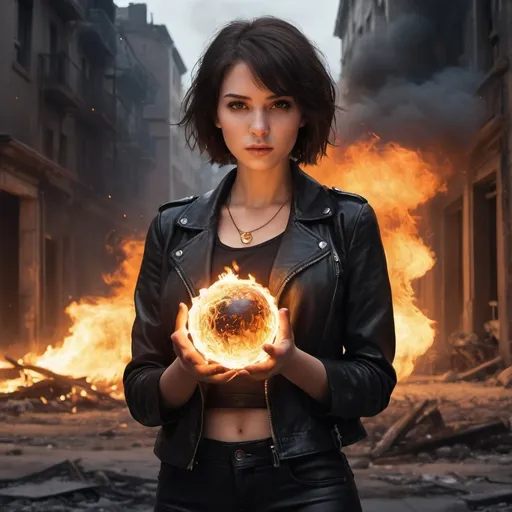 Prompt: a woman throwing a big fire ball in her hands  ,fire lighting reflections caused by the fire ball  , urban settings,fantasy,ruined city ,destruction    ,big necklace, opened black jacket, black crop top shirt , black leather pants ,short hair (illustration), (high resolution), dramatic lighting, destruction atmosphere, detailed background ,ruined buildings , dark color tones, realistic art style, ultra-detailed,destruction in the background , fire lighting  around the woman ,low angle shot , art photography , close up on the woman , 