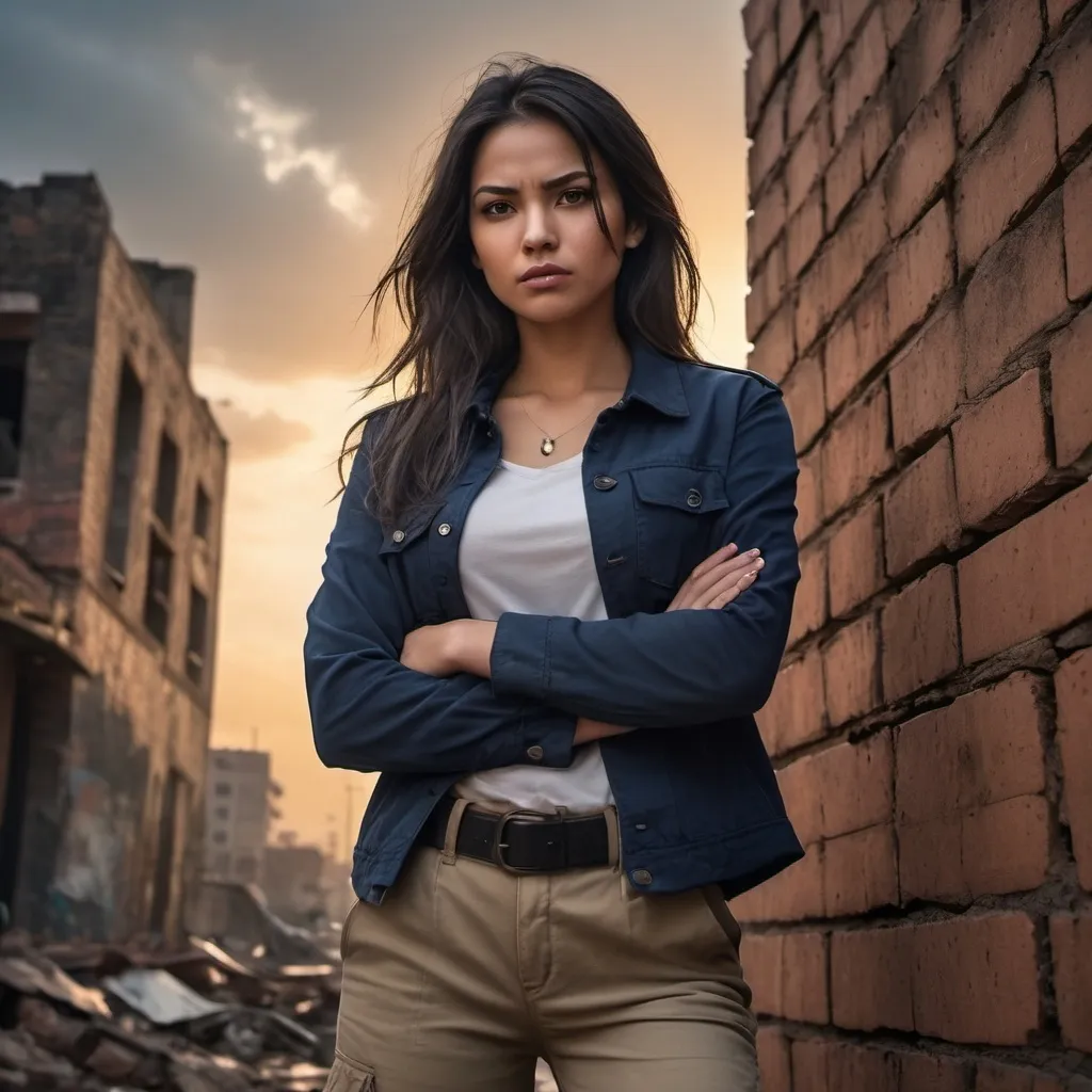 Prompt:   a woman standing with her hands crossed  ,illuminated brick wall , close up the woman, low angle of the woman  , palm tree, old buildings in poor area,ruins, black long hair , khaki cargo pants, belt , wounded face ,
,  navy blue jacket , white crop top shirt , black gloves , ,bandolier , intense action, third world country, angry face, professional,, urban setting, best quality, 4k, detailed clothing, intense expression, digital painting, dramatic and intense dark colors  , sunset , sky with many clouds   , crime movie 