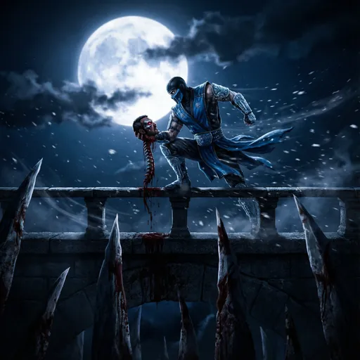 Prompt: sub-zero holds kano's head in the air ,the head is attached with spine with blood , A large full moon shines in the dark sky. Under the bridge there are huge spikes covered in blood. The atmosphere is intense and dramatic, with strong wind, dynamic poses, and sharp shadows. Cinematic lighting, dark blue tones, epic fighting scene, Mortal Kombat style.