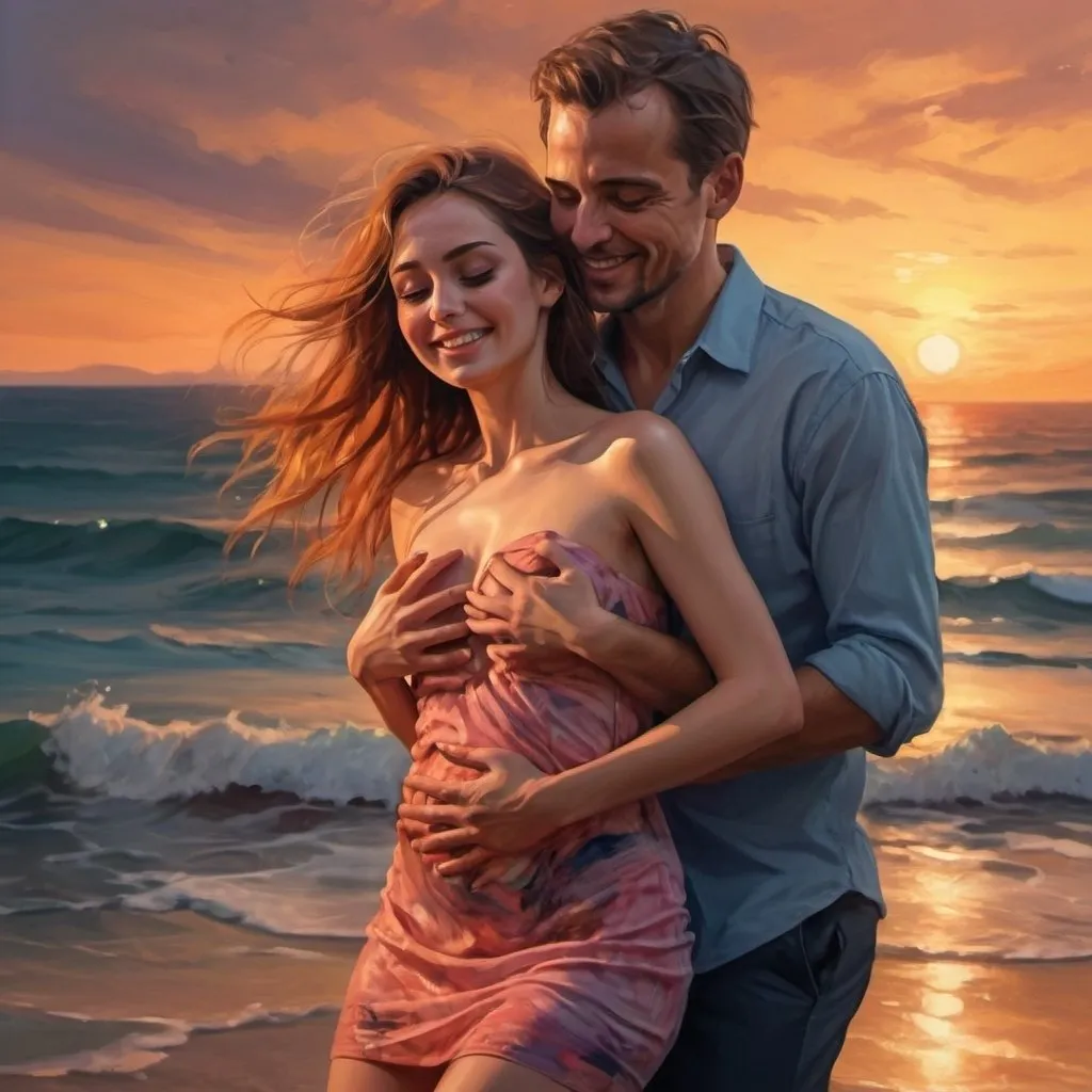 Prompt: 4k , high resolution , realism , digital painting , sea , sunset , expressionism , romantic scene ,artistic , a woman is being hugged by a man ,he stands behind her , the man catches her stomach, they both smile  , close up 
the woman wears mini dress , legs
the woman's eyes are opened 
