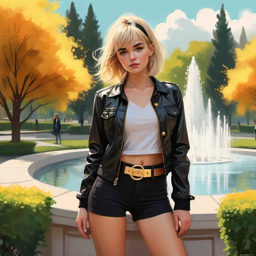 Prompt: digital painting , bright colors , high resolution , 
 a woman is posing for a picture  , there is a fountain in the background ,trees and bushes ,  serene atmosphere , spring season , warmth colors  , she is wearing fitted black crop  jacket , white shirt  ,stylish black shorts with belt (golden circular buckle) ,high knee  black boots  , bangs hairstyle , blonde hair , hair band 