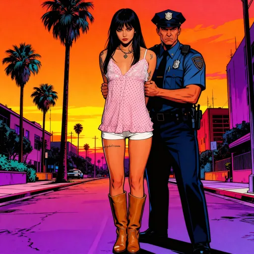 Prompt: Set against a vibrant backdrop of palm trees and a sunset sky, a scene unfolds in a stylized urban environment reminiscent of Los Santos. A confident woman with hands behind back behind her, a stern police officer in uniform grips her arms, a clash between rebellion and authority. The colorful tones of the scene, blending warm oranges and deep purples, contribute to a dynamic atmosphere that hints at both tension and boldness, capturing a narrative vibrant with character and unconventional interactions. The overall composition leads the eye through the palm-lined street, inviting a closer look at the contrasting styles and energy of the characters involved.