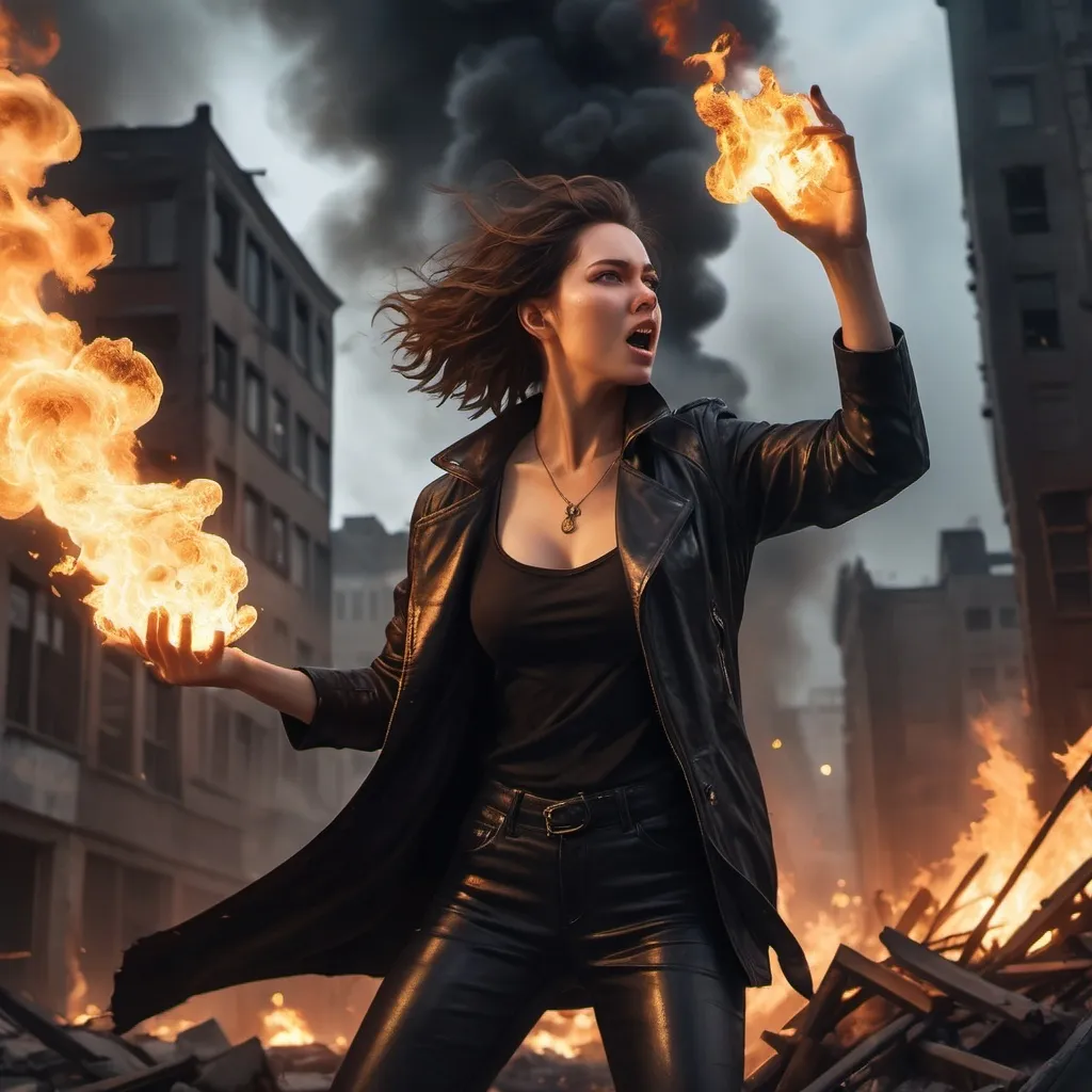 Prompt: a woman throwing a fire ball in her hand ,dynamic throwing  pose,  ,fire lighting reflections caused by the fire ball  ,she is standing on  rooftop ,strong wind blows the woman's hairs and big coat ,fantasy,ruined city ,destruction    ,big necklace, opened black jacket, black crop top shirt , black leather pants ,short hair , (illustration), (high resolution), dramatic lighting, destruction atmosphere, detailed background ,ruined buildings , dark color tones, realistic art style, ultra-detailed,destruction in the background , fire lighting  around the woman ,low angle shot of the woman  , , close up on the woman , she is yelling 