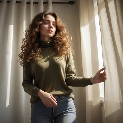 Prompt: (woman with long curly hair), wearing an olive long knitted turtleneck shirt and skinny jeans , (,low angle shot ), inside a softly lit room, (white curtains gently swaying),  captured in an extremely detailed (oil painting style), (photorealistic), sunlight streaming through the woman  , she is   holding the curtains with her hands ,(artistic modeling pose) ,high resolution , detailed , bright colors