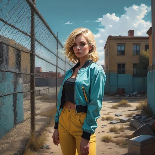 Prompt: (4K, high resolution, ultra-detailed) oil painting , (dark dramatic colors), dark sky ,urban scene, old muted building , sandy surroundings,chain-link fence , woman wearing a (Tiffany blue jacket), (yellow shirt), (Tiffany blue tight pants), blonde hair,  confident pose, sunlit environment casting dynamic shadows, emphasize the colorful clothing against the muted buildings , realistic colors on buildings