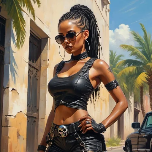 Prompt: 4k , high resolution , bright colors ,oil painting,fantasy, action ,road,palm trees,old building,cracked walls, a female bounty hunter stands near wall tree  ,she cross her hands together ,fighting pose, black braid hair , black skin , sunglasses , mirrored lens,olive shorts, leather black crop top shirt , bandolier , skull logo , close up