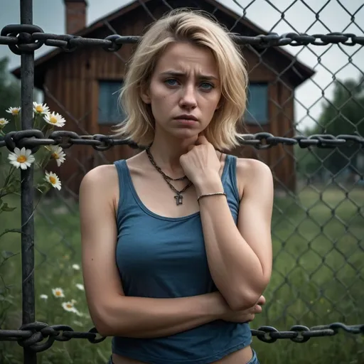 Prompt: 4k , high resolution , detailed , artistic photo shot,expressionism, old small house , dark colors , dramatic colors tells the sadness of the woman , view , field , flowers ,grass , trees , a sad woman touching the  big chain-link fence with both of her hands , blonde hair , tank top shirt , blue shorts ,necklace ,close up , dramatic lighting , good composition 