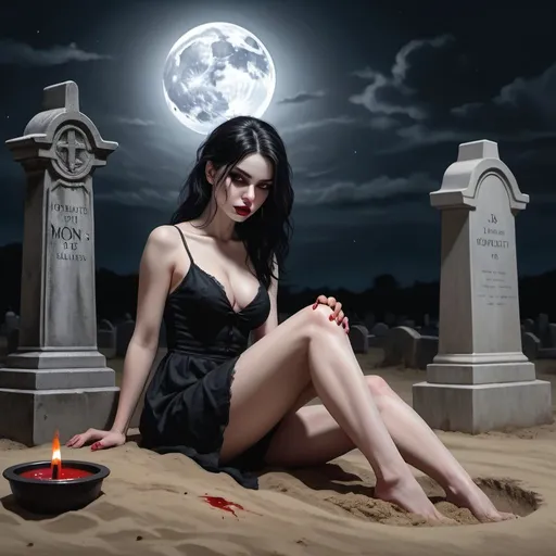 Prompt: 4k,high resolution , detailed , oil painting , modeling , dark color , grave yard , tombstones , scary place , gothic woman sits on sand and holds sand in her hand, blood on the woman, pale skin , black hair , mini slit dress reveals legs , black themed , death ,drama, night , dark magic , modeling pose , realistic woman look , moon , focus on legs , barefoot  , portrait  , skull , expressionism , 