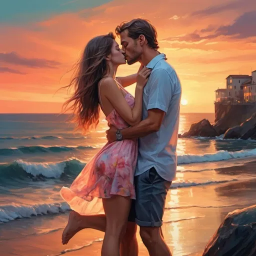 Prompt: 4k , high resolution , realism , digital painting , sea , sunset , expressionism , romantic scene ,artistic , a man is kissing his girl friend , she smiles  , close up 
the woman wears mini dress , legs

