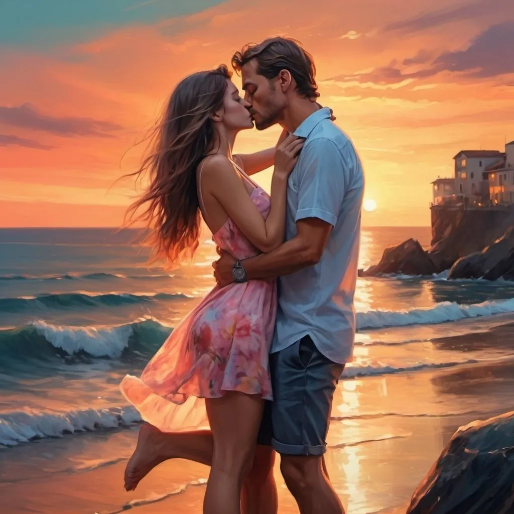 Prompt: 4k , high resolution , realism , digital painting , sea , sunset , expressionism , romantic scene ,artistic , a man is kissing his girl friend , she smiles  , close up 
the woman wears mini dress , legs

