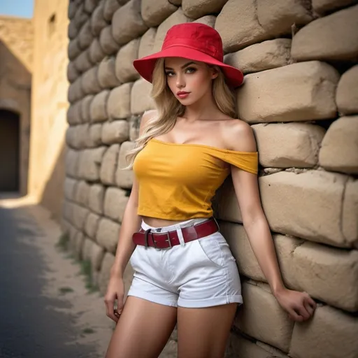 Prompt: 4k , high resolution . professional , realism ,vibrant colors ,glamour photography , art photography ,stone wall,road, sand , a woman leaning against the wall in modeling pose , blonde air , off shoulder yellow sleeveless shirt , white cargo shorts , belt ,kettle brim red hat: , detailed features, atmospheric lighting ,drama , low angle shot