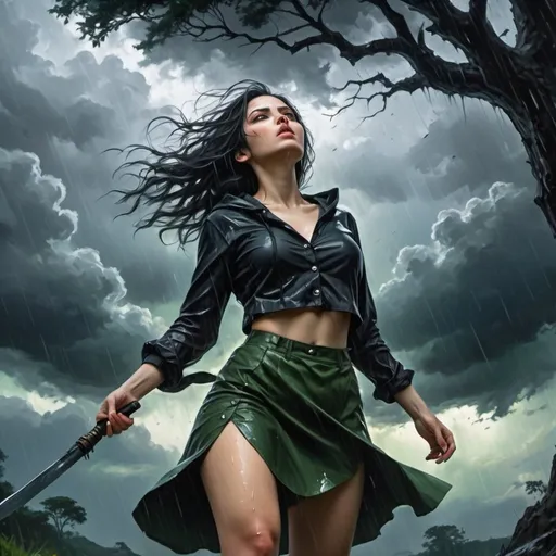 Prompt: 4k ,oil painting ,fantasy, high resolution ,artistic,nature ,sky ,tree,dark atmosphere, rain ,action,dynamic, a white dangerous  woman  holds dagger ,she is looking up the sky,powerful stance  ,  black hair , traditional buttoned black shirt , dark green slit miniskirt  ,black hood,  good composition , low angle shot 