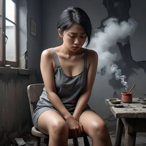 Prompt: 4k , high resolution ,detailed , oil painting , grey themed photo ,poor room with cracked wall ,gray sky, window with shutters , small gray table , a asian woman sits on chair ,she looks depressed , black hair with some gray hairs, mini slit  grey dress reveals legs , focus on legs
, portrait , expressionism , dark colors   , modeling pose , fashion , unique pose,close up , ashtray and smoke