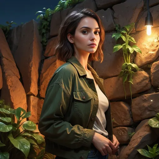 Prompt: 4k ,high resolution ,  detailed , bright colors , digital painting ,realism , night ,lighting  on the stone (illuminated stone),garden , art photography , fashion , 
a  rusty stone wall  in the middle  and a plant growing on the side of it, there is a woman standing in modeling pose ( close up, low angle shot) ,brown jacket , dark green off shoulder shirt , blue skinny jeans with black belt