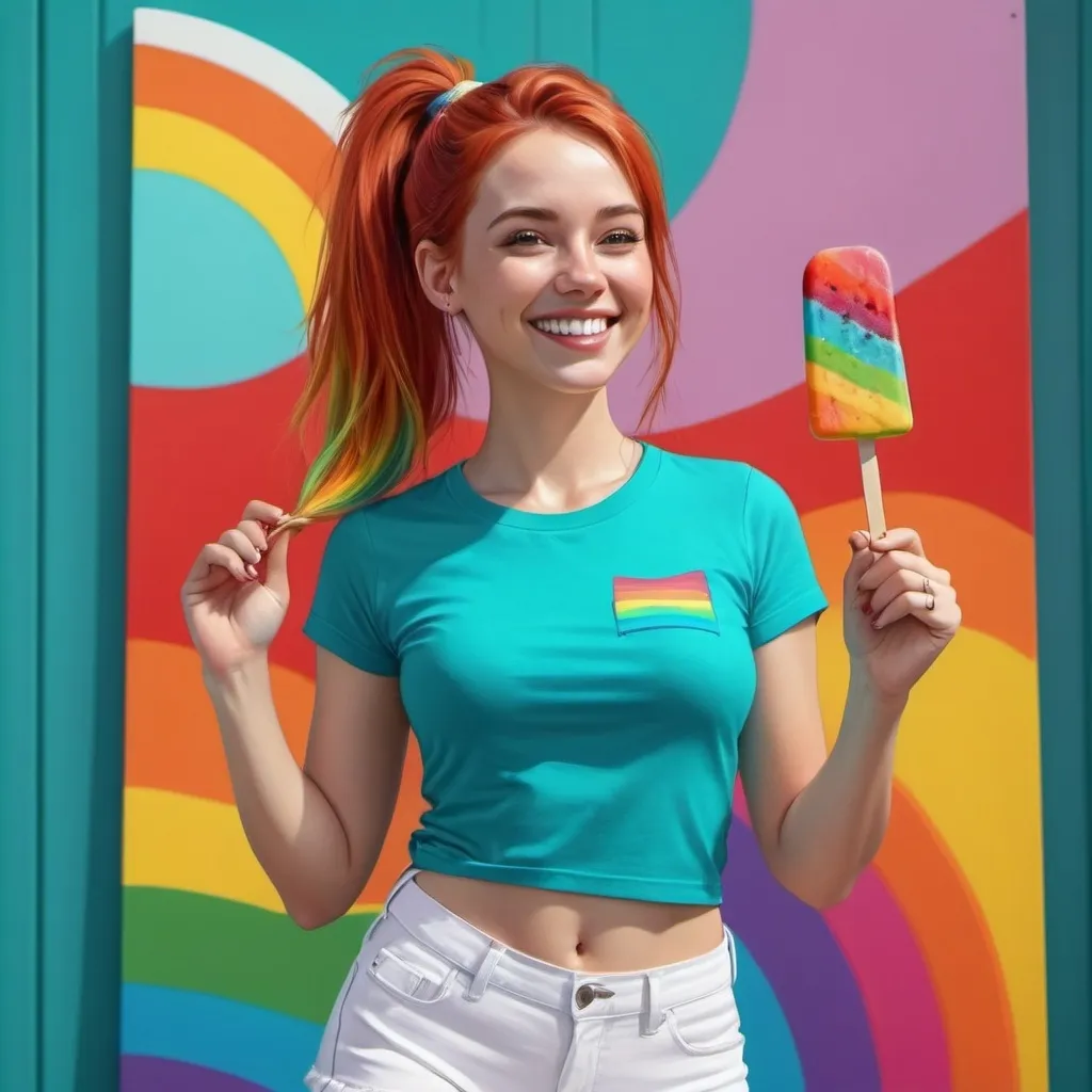 Prompt: 4k , high resolution , digital painting ,ultra detailed , realism , bright colors ,  a woman standing with a smile in her face  (teal t-shirt,) (white shorts)with a colorful like the rainbow and happy background ,she is holding a popsicle , red hair , ponytail , good mode , joey , show full of her body (low angle shot)