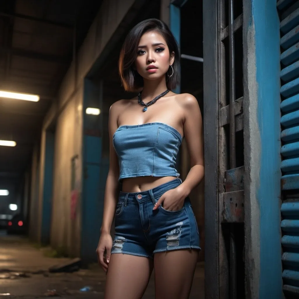 Prompt: 4k , high resolution ,professional , dark colors , glamour photography , digital painting , parking loot ,philippines ,industrial area ,neglected street, roller shutter door , night, led lights , a woman standing close to the wall, black tube top , blue short jeans , high heels , necklace , portrait , legs , dramatic colors show that she is a loner , dramatic light , sadness , close up  , low angle shot 