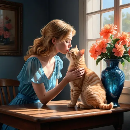 Prompt: 4k , high resolution , detailed , digital painting , realistic painting , dark room , window shutters,woman, a blue transparent vase on table , coral flowers on vase ,
a blonde woman kisses ginger cat's head
sunlight shines the room