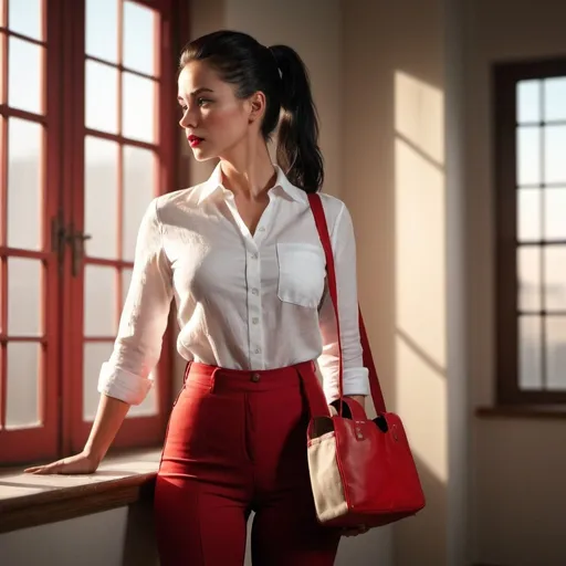 Prompt: 4k, high resolution, professional, detailed features, realistic, dramatic lighting, vintage colors,  professional lighting , room 
a woman standing in modeling pose , red bag  , black hair , ponytail ,white linen shirt , red tight long pants, art photography , intense lighting , sunlight streaming through a window 
