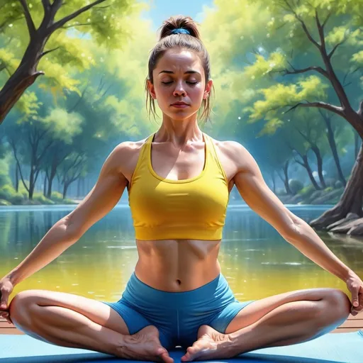 Prompt: 4k , high resolution, bright colors ,realistic illustration,  park , blue sky ,tree, a woman is doing yoga  , yoga stance, lake , brunette hair , ponytail, yellow crop top shirt , blue sport shorts  , show floor ,dynamic ,close up , emotional face expression ,expressionism , low angle shot , portrait ,wet face 
