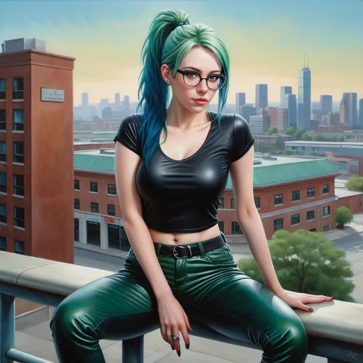 Prompt: a beautiful woman(blue and green hair,ponytail  ,glasses ,pale skin ) in  leather pants and a t-shirt posing for a picture in front of a building with a city in the background, modeling pose (low angle shot)  figurative art, extremely detailed oil painting, a photorealistic painting , she is sitting on the railing