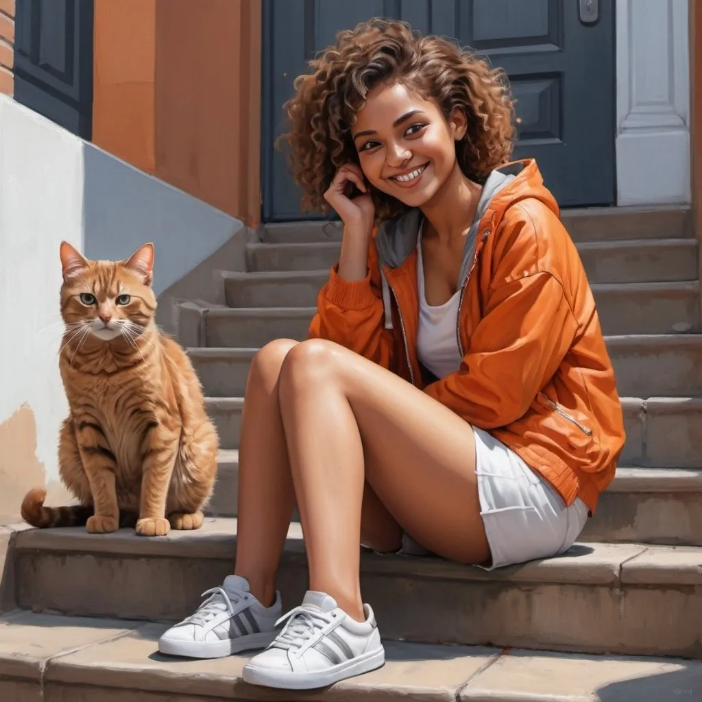 Prompt: 4k , high resolution , detailed , digital painting , realism , sidewalk , a woman sits on stairs ,she is looking at cat and smile  ,brown skin ,curly hair ,she wears brownish orange jacket , white crop top shirt , gray miniskirt , 