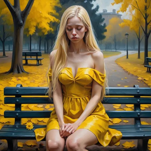 Prompt: 4k,high resolution,detailed,oil painting, modeling ,dark colors , park , autumn , woman sits on bench and holds yellow flower, long blonde hair, yellow mini slit dress reveals legs ,focus on legs ,barefoot , dramatic , sad colors , expressionism , loneliness , colors express sadness 