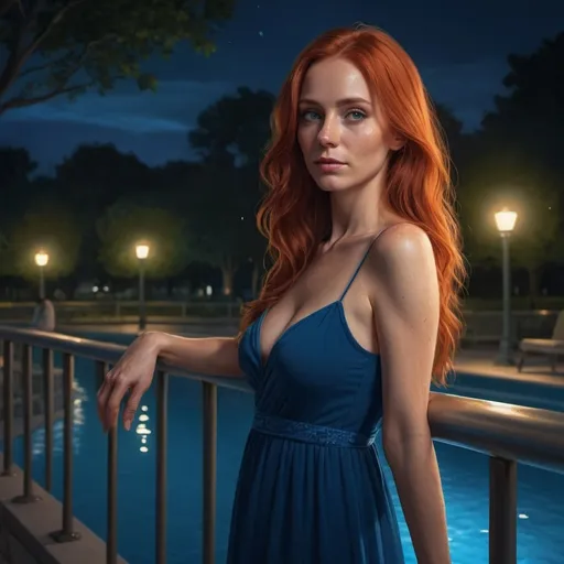 Prompt: 4k, high resolution, digital painting, professional, detailed features, night park scene, illuminated pool ,safety railing,40 years old  woman leaning against railing,
long red hair , blue i dress , low angle shot 
 illuminated water, 
lights, atmospheric lighting, confident pose 