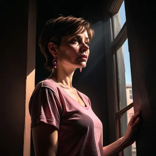 Prompt: low angle  of a 35 years old woman in a dark room, ,modeling pose  ,digital painting  ,black wall, sunlight streaming the woman  through
 a window, short brown hair , earrings , pink crop top shirt , black skinny jeans,  ,dark colors, 4k, high resolution, art photography,, intense lighting, dramatic shadows, professional, detailed features , atmospheric lighting , 