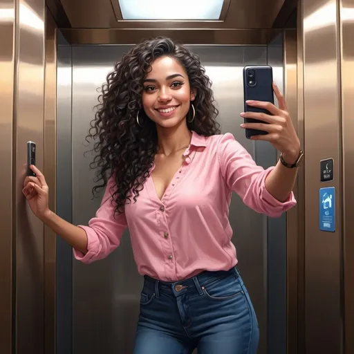 Prompt: 4k, high resolution, digital painting, art photography, inside elevator, detailed elevator, , a 34 years old woman taking a selfie, long black curly hair, brown skin, pink buttoned  shirt, v-neck, blue long skinny jeans, detailed features, professional lighting , smile 