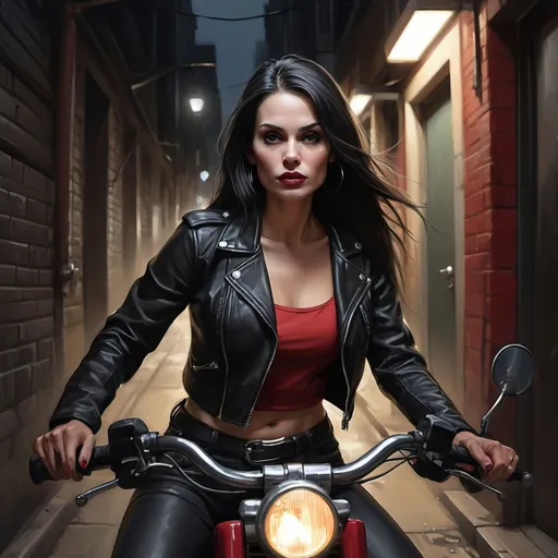Prompt: digital painting of a 47 years old woman(Oval-shaped face,High cheekbones ,Slim jawline,Straight nose ,Full lips  )  wall in a dark alley way ,she is sitting on a bike  , black leather jacket , red tube top , black shorts with a belt (silver skull buckle) ,long black straight  hair , nighttime , dramatic lighting on the woman , eerie atmosphere  