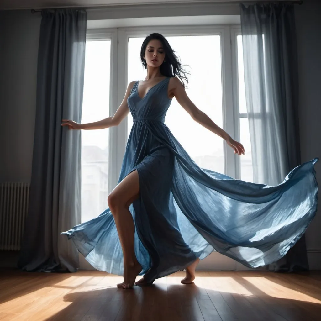Prompt: high resolution, 4k,water painting,  dark colors , dramatic colors , detailed, fashion , modeling , room , parquet , window with gray curtain
a woman is modeling , fancy blue long slit dress , low angle shot , feet , black hair , close up on woman's face ,portrait ,light and shadow , dance stance  , low angle shot , sunlight shines on the woman through the window